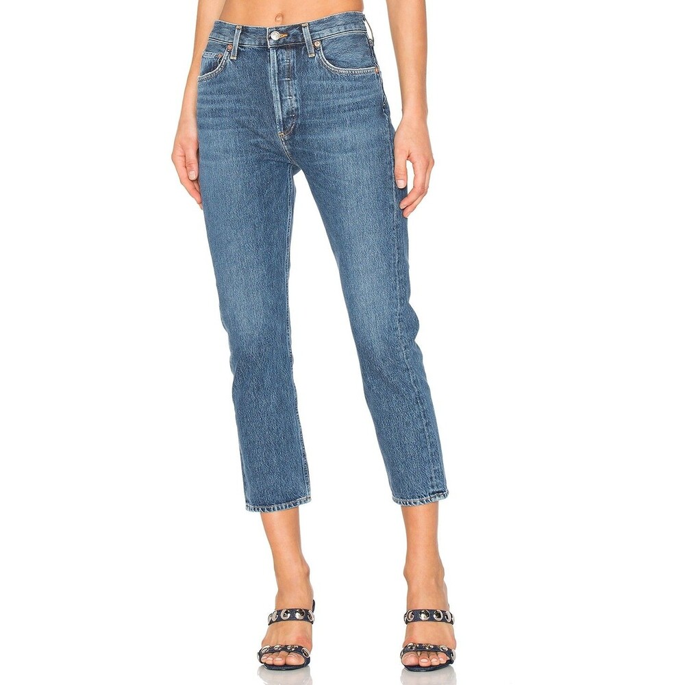 Agolde Womens Riley High-Rise Straight-Leg Crop Blue Jeans Size 28x27
